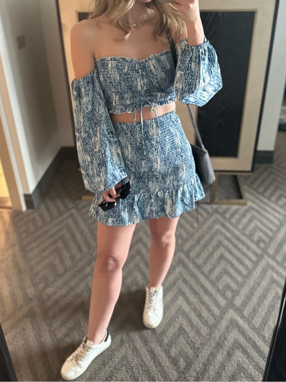 MATCHING SET VICI COLLECTION Blue Off-Shoulder & Smocked Mini Skirt